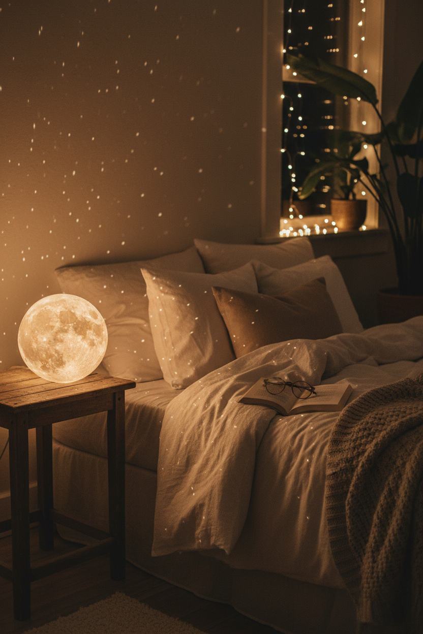 Starry moon lamp glowing on a bedside table in a cozy bedroom at night