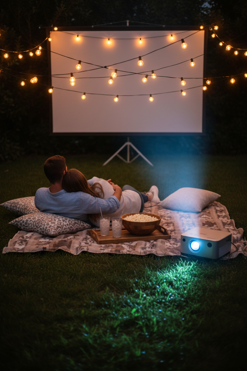 Couple watching a movie outdoors at night with a portable mini projector on a blanket