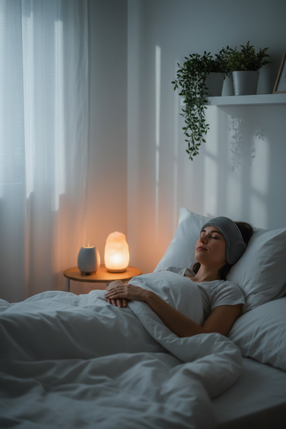 Person wearing a Bluetooth sleep headband in bed, relaxed and peaceful in a cozy bedroom